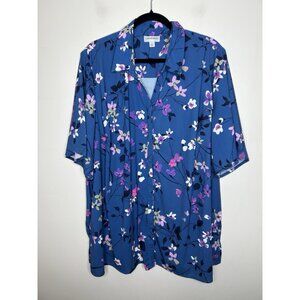 CATHERINES Women's Blue Pink Floral Button Down Short Sleeve Top Blouse Size 2X